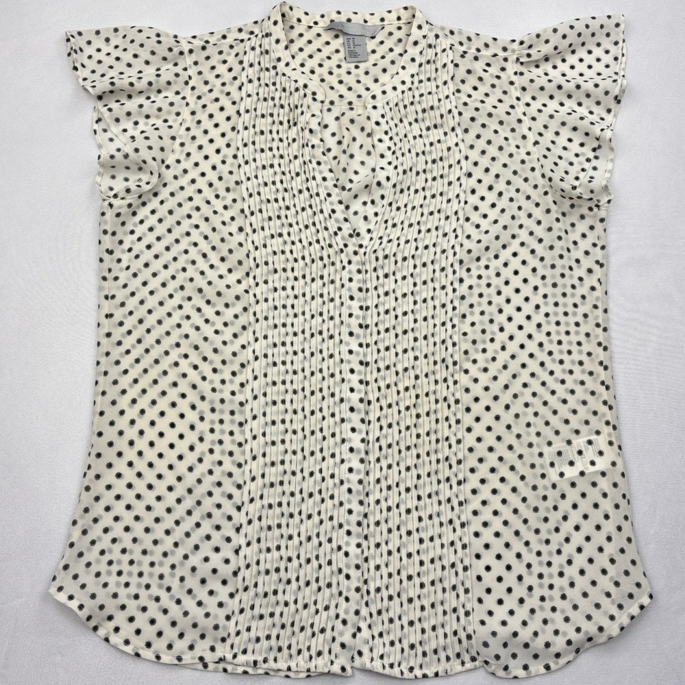HM‎ Conscious Blouse Womens 10 White Black Polka Dot Pleated Flutter Sleeve Top